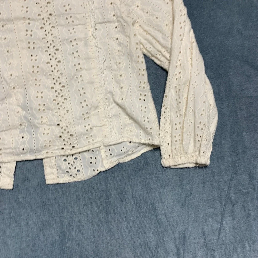 Zara Eyelet Blouse Top Womens Medium Beige Classic Balloon Sleeve Button Front
